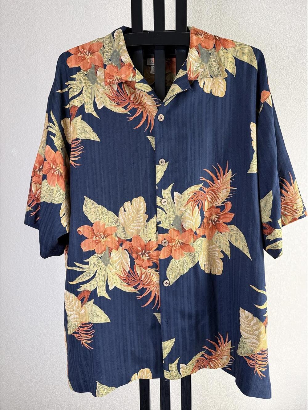 Tommy Bahama 100% Silk Hawaiian Camp Shirt Floral Navy Blue Mens XXL